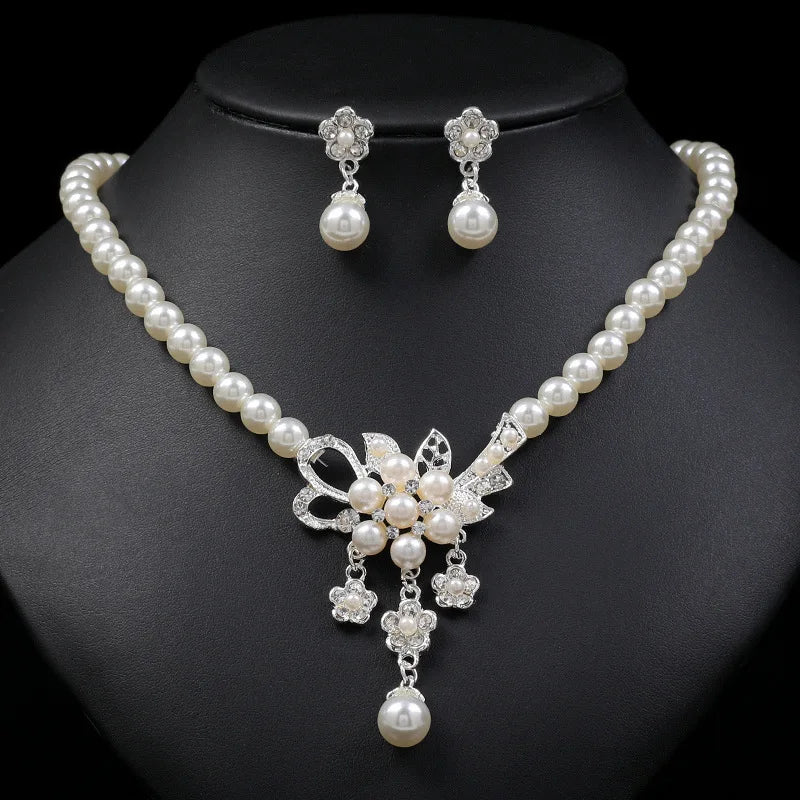 Hot Selling Crystal Flower Jewelry Set Necklace Earrings Pearl Jewelry Set for Women