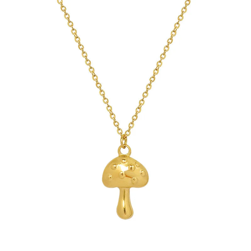 INS Simple Stainless Steel 18K Gold Plated 3D Mushroom Pendant Necklace Titanium Steel IP Personalized Mushroom Choker Necklace