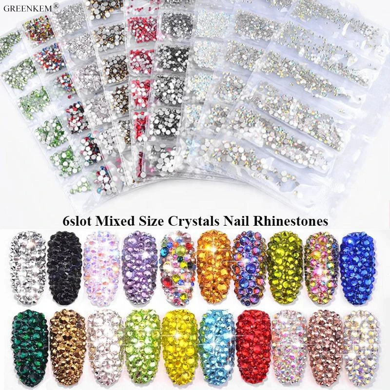 GREENKEM 6slot Mixed Size 1728pcs Glass for Nails Art Decorations Crystals Strass Charms Partition Rhinestones Nail Art Crystal