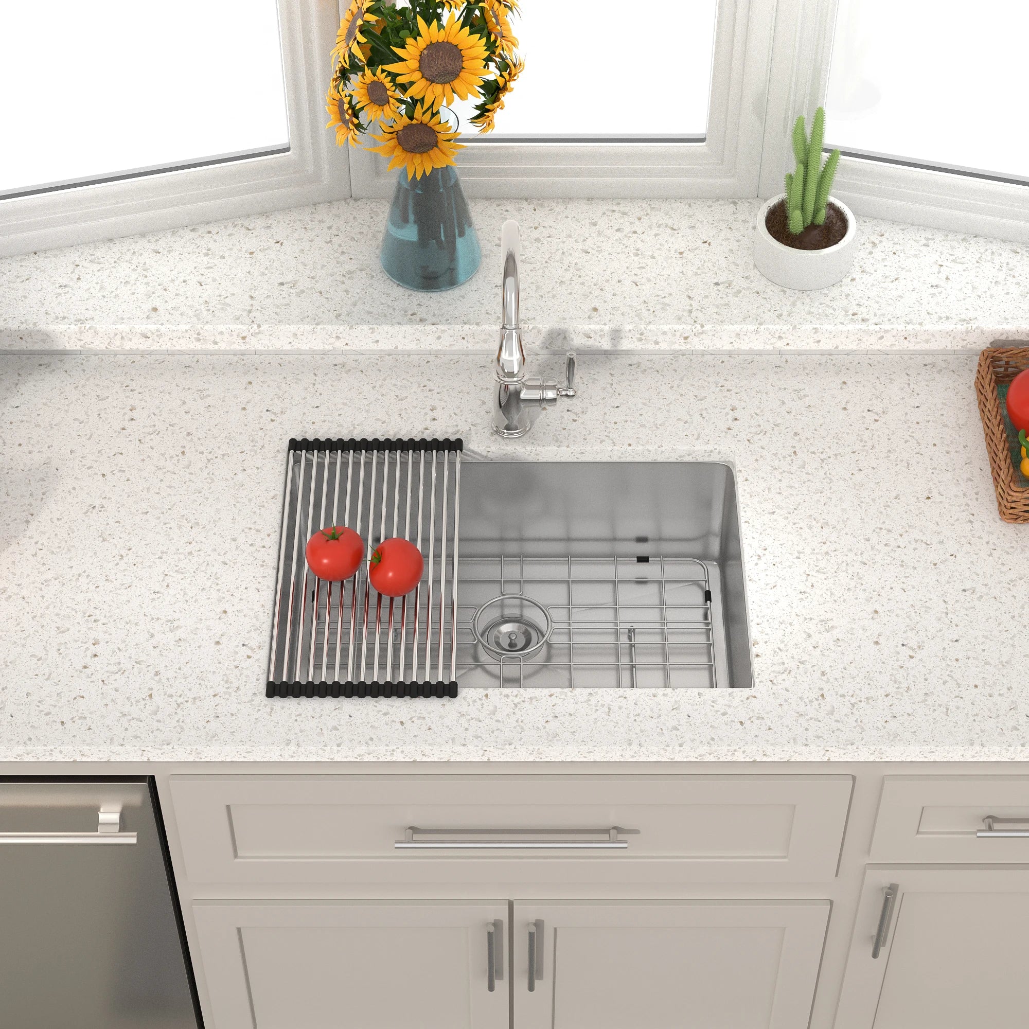 Kitchen Sink Workstation with Accessories 28*18inch Undermount 16 Gauge Single Bowl Brushed Nickel Stainless Steel Kitchen Sink