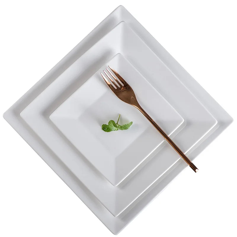 Square Shaped Italian Porcelain Ceramic Tableware Dishes Set Bulk Plain White Dinner Plates Eco-Friendly Square Shaped Italian