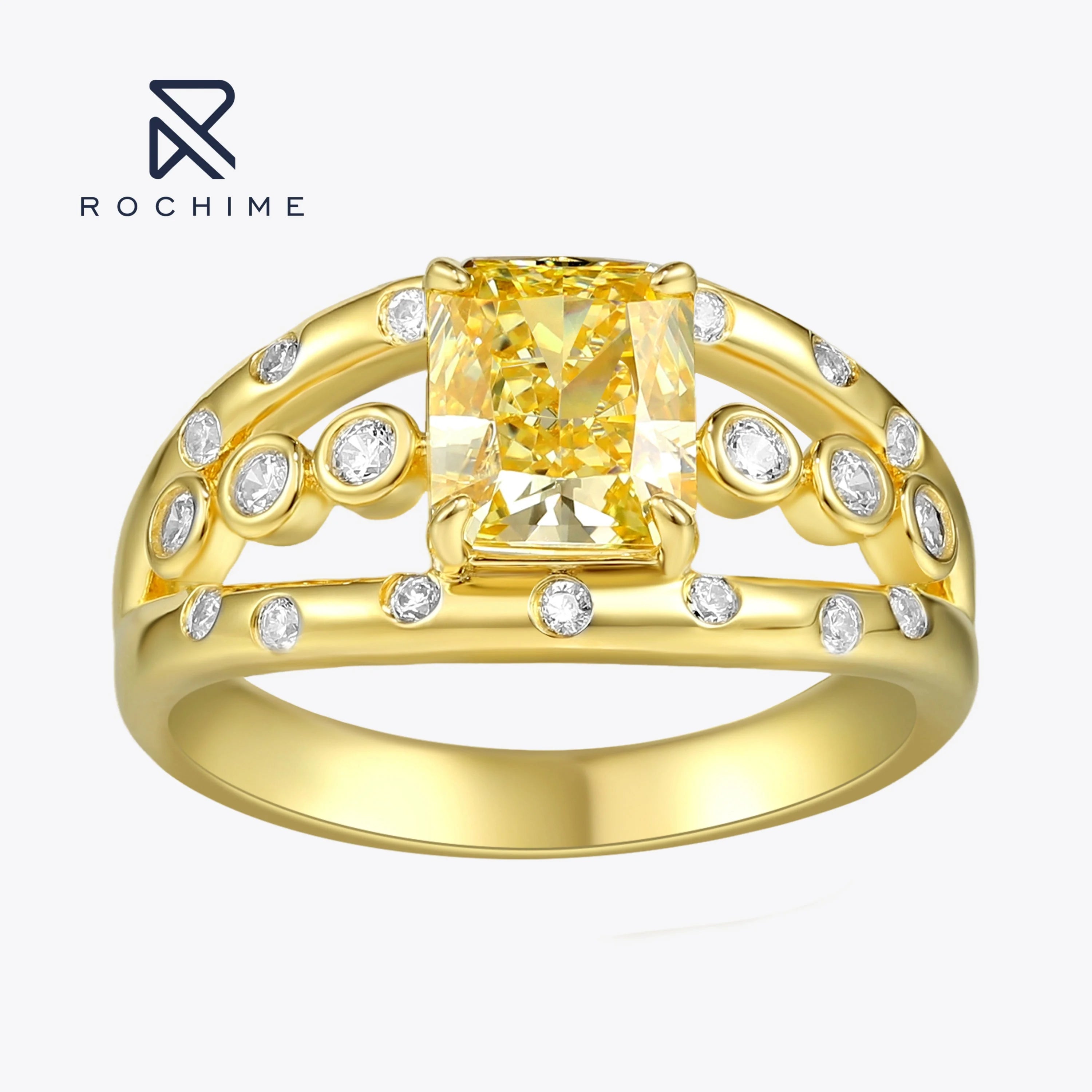 Rochime Star Shine Yellow Diamond Ring 925 Sterling Silver Gold Plated Cubic Zirconia Rings for Women