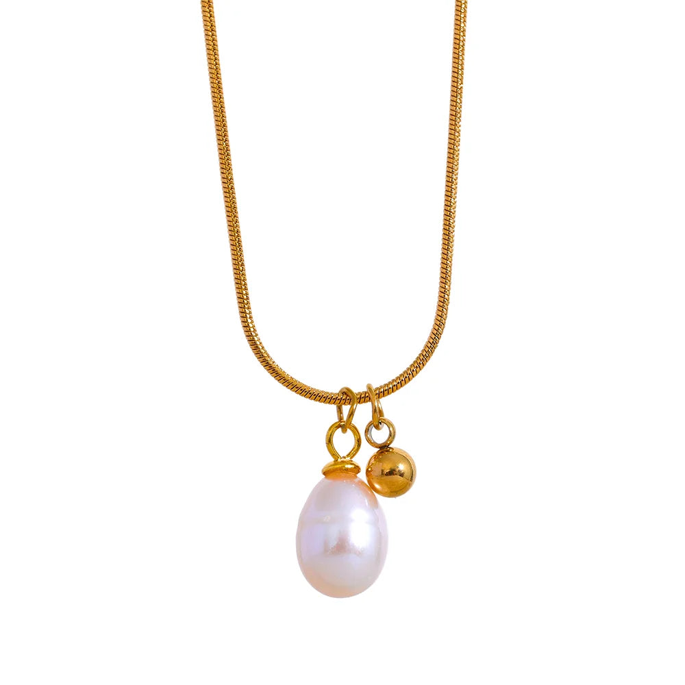 JINYOU 495 Natural Pearl Metal Ball Pendant Stainless Steel Chic Necklace for Women Fashion Gold Color Charms Jewelry Bijoux