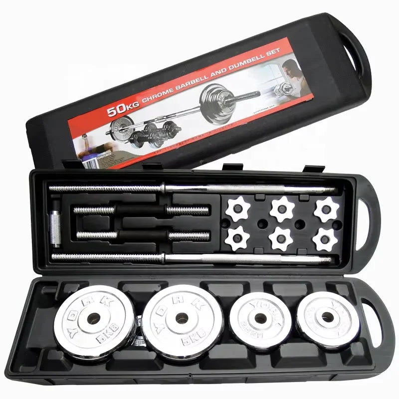 Bodybuilding Cast Iron Black Portable 50KG Adjustable 2 in 1 Barbell Dumbbell Set With Case