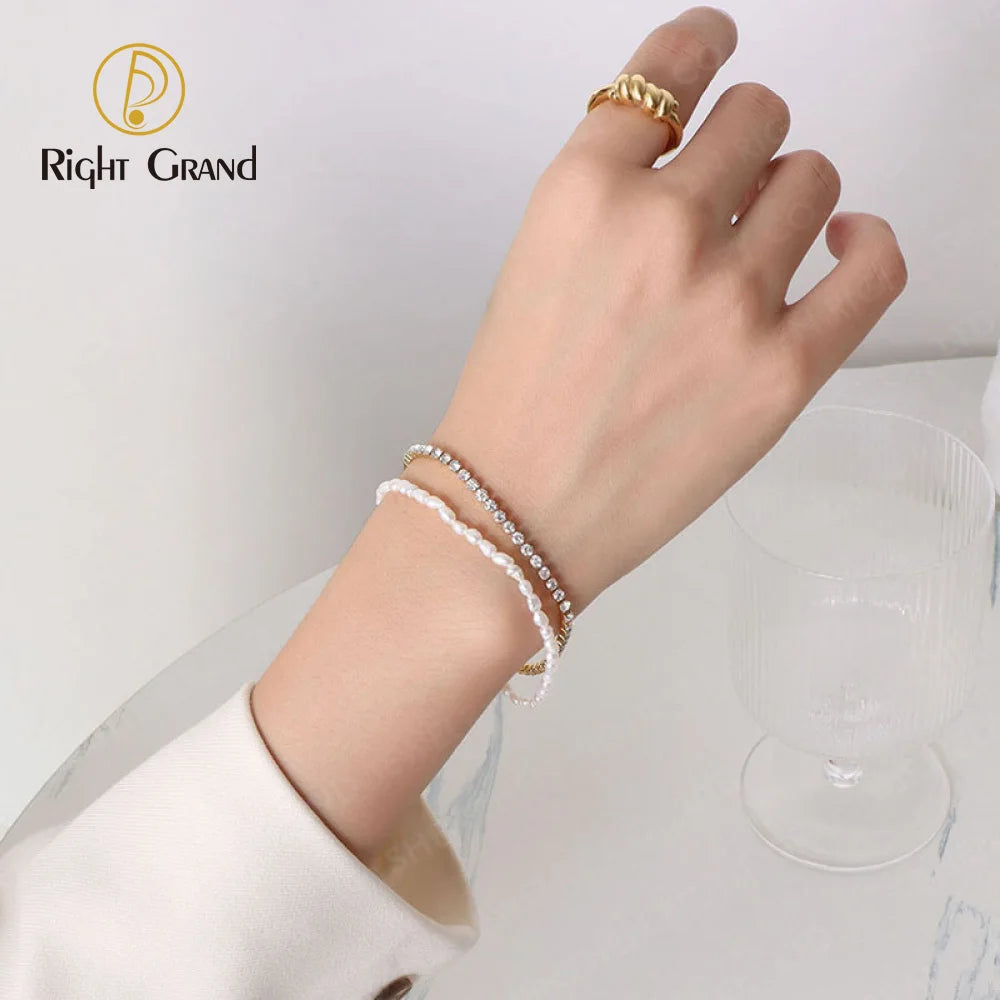Right Grand 2022 New Stainless Steel Layered Zirconia Tennis Freshwater Pearls Bracelets Kadin Bileklik