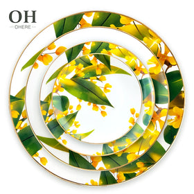 Premium Yellow Plant Eco-Friendly Fine Bone China Ceramic Dishes Plates Charger Plates Tableware for Wedding Events Rentals
