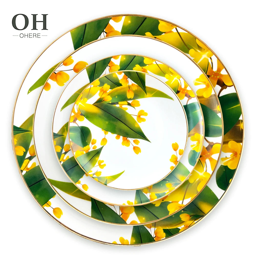 Premium Yellow Plant Eco-Friendly Fine Bone China Ceramic Dishes Plates Charger Plates Tableware for Wedding Events Rentals