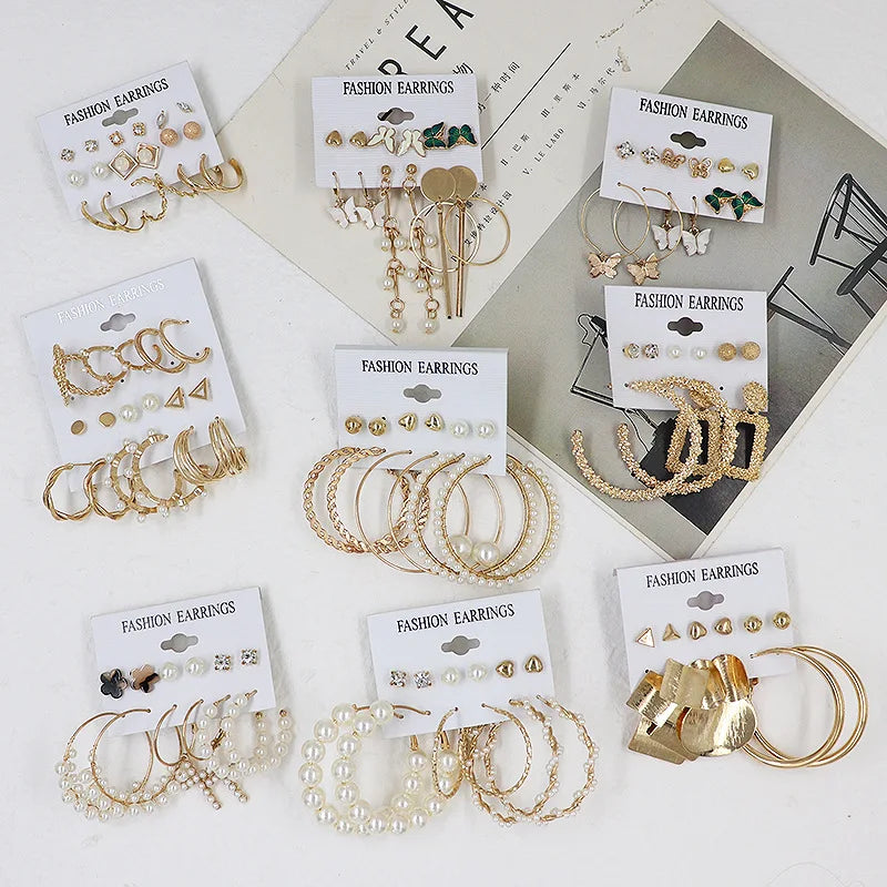 DAIHE Fashion Exaggerated Pearl Crystal Metal Dangle Drop Earrings Set Vintage Acrylic Butterfly Tassel Stud Hoop Earrings Jewel