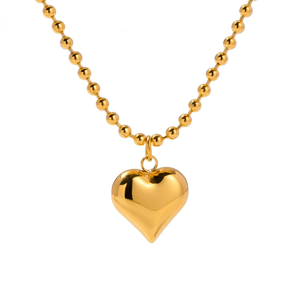 N&S Elegant Chic 18K Stainless Steel Puffy Heart Small Bead Necklace Trendy Vintage Link Chain for Gift Titanium Main Material