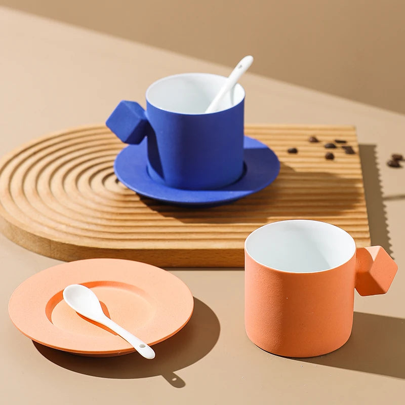 Custom Simple Frosted Ceramic Cappuccino Coffee Cup and Saucer Set Luxury Klein Blue Reusable Handmade Tea Milk Mug Drinkware