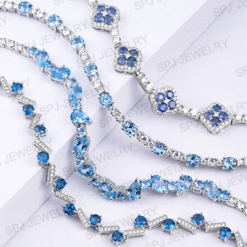 Natural Swiss Blue Topaz Tennis Bracelet 925 Sterling Silver Rhodium Plated December Birthstone Jewelry Luxury Gift for Her