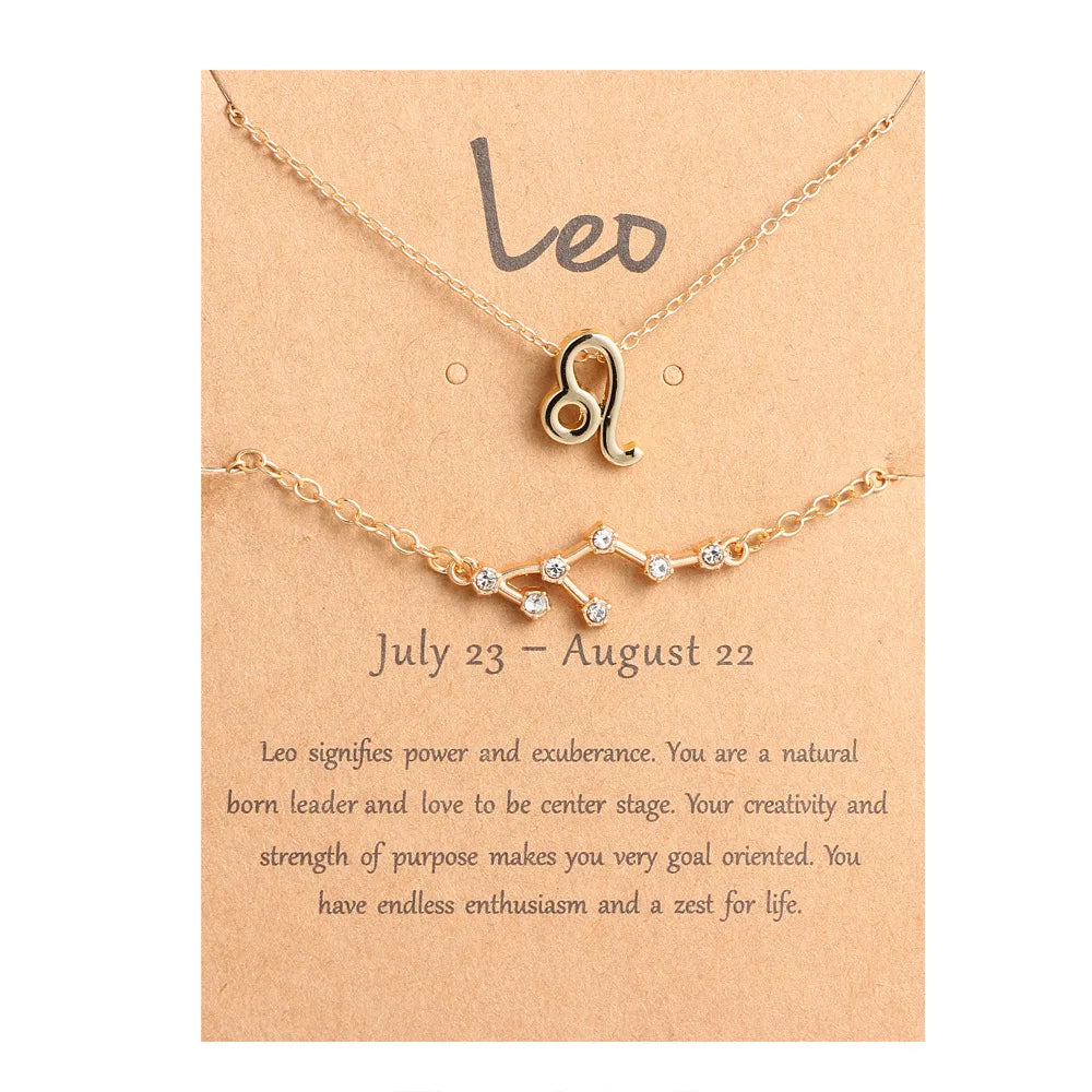 2pcs/set Trendy Gold Silver Plated Crystal Star Constellations Astrology 12 Zodiac Signs Bracelet Necklace Jewelry for Woman