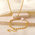 Fashion Pearl Jewelry Sets Stainless Steel 18K Gold Plated Bead Chain Single Pearl Pendant Bracelet Necklace for Women