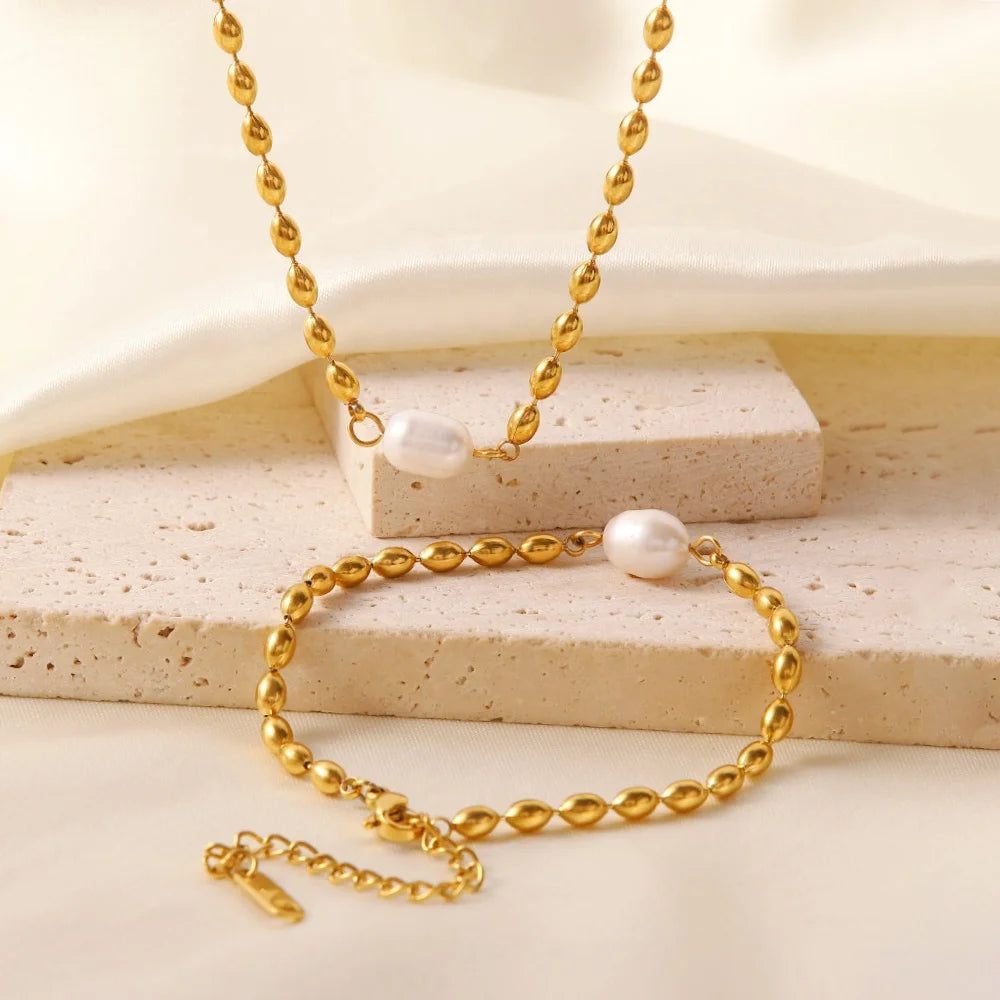 Fashion Pearl Jewelry Sets Stainless Steel 18K Gold Plated Bead Chain Single Pearl Pendant Bracelet Necklace for Women