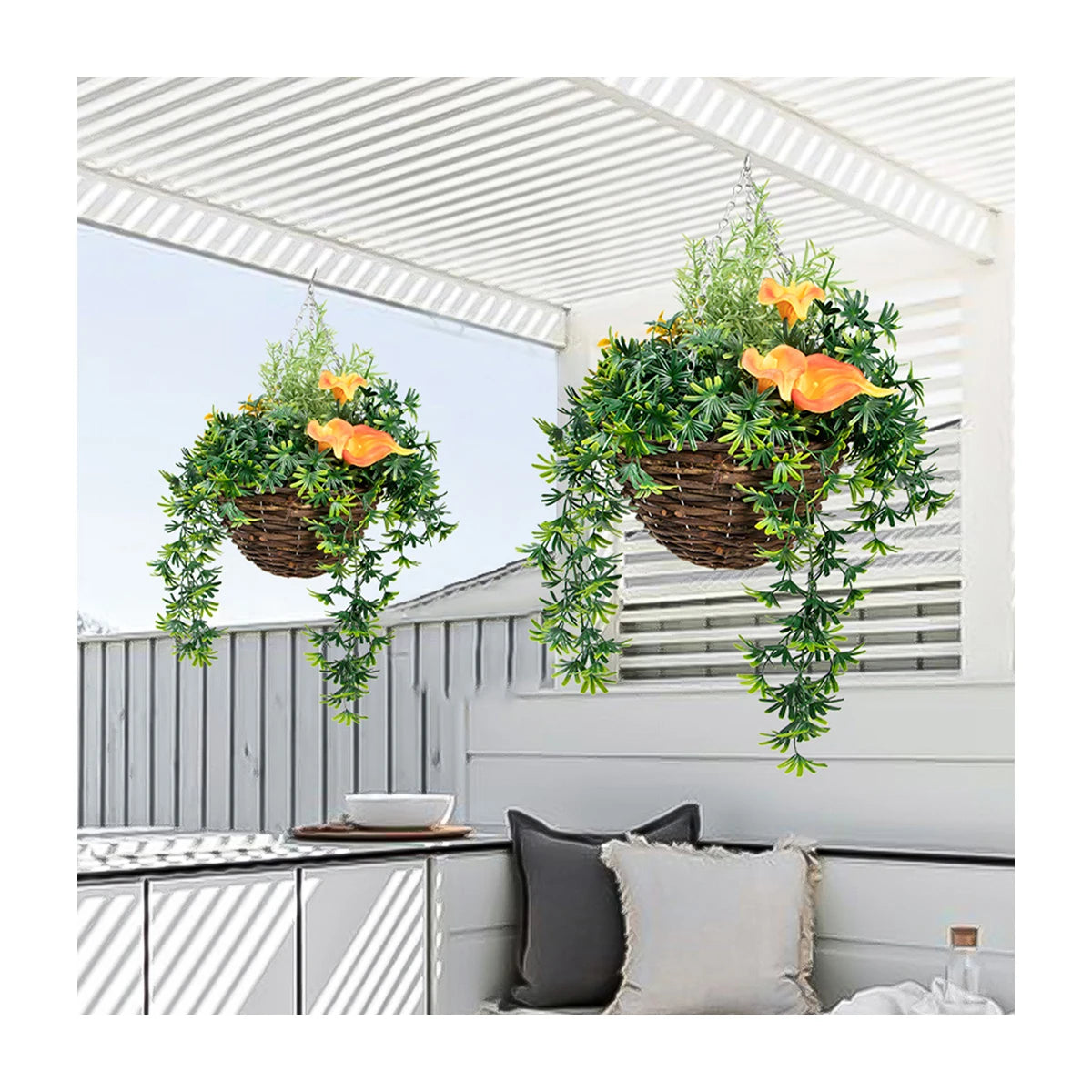 HL-54 Cheap Price Real Touch Artificial Green Silk Foliage with Flower Hanging Plant Basket for Patio Garden Porch Deck Decor