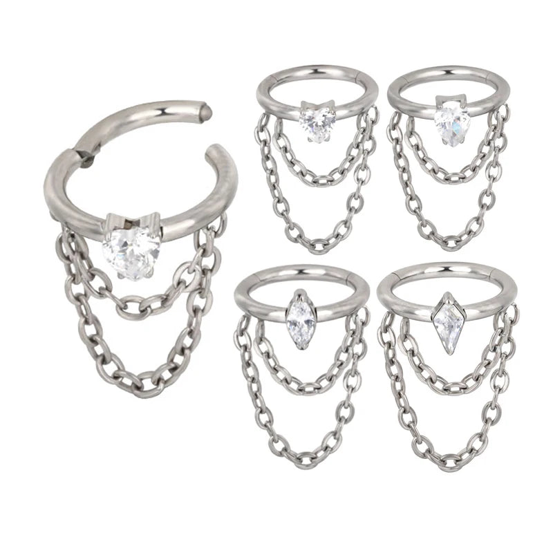 GZN Newest Ring Titanium Prong Set Tear Drop Marquise Kite Heart CZ Hinged Segment Ring With 2 Chains Dangle Clickers Ring