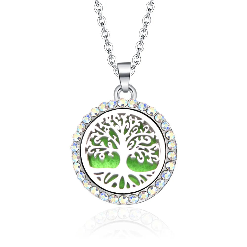 Hollow Tree of Life Round Full Diamond Locket Flower Butterfly Patterns Multiple Essential Oil Diffuser Aromatherapy Necklace