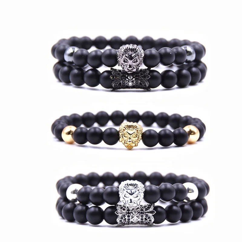 Wholesale Men Custom Fashion Handmade Bracelets Jewelry Lion Shape Zircon Metal Natural Stones Bead Bracelet