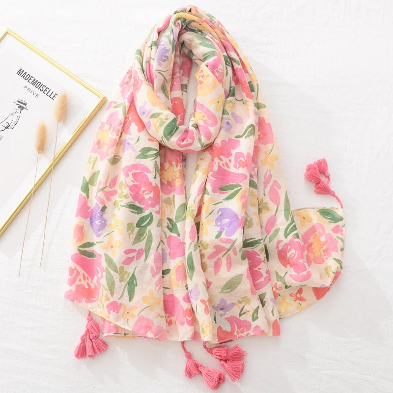 Hot Selling Newest Design Summer Ladies Plant Flower Cotton Beach Shawls Fashion Women Viscose Fabric Scarf With Tassels