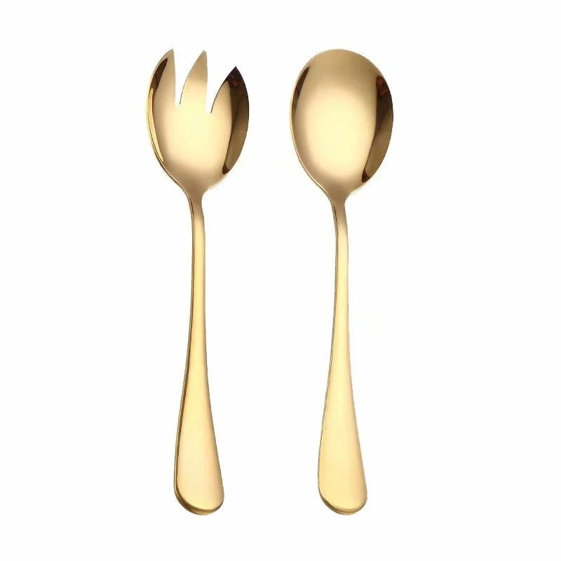 Colorful Gold 2PCS Stainless Steel Cutlery Set Serving Spoon Set Salad Spoon and Fork Set