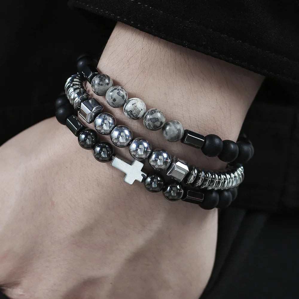 Cross-border New Mens Bracelets Luxury Jewelry Beaded Map Stone Black Gallstone Cross Bracelet