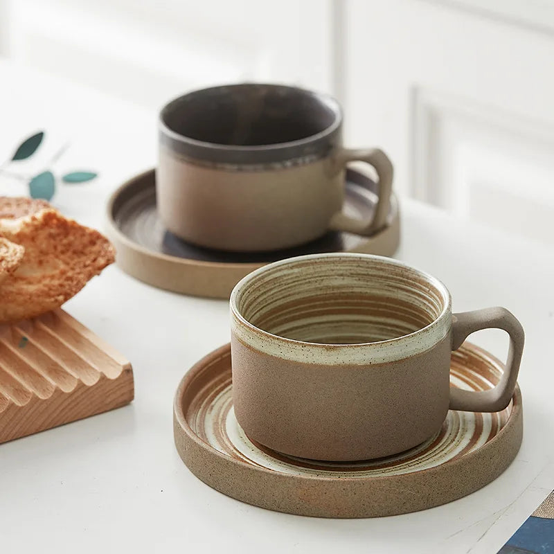 Japan Style White Black Rim Crude Ceramic Cup with Plate Spiral-Interior Design
