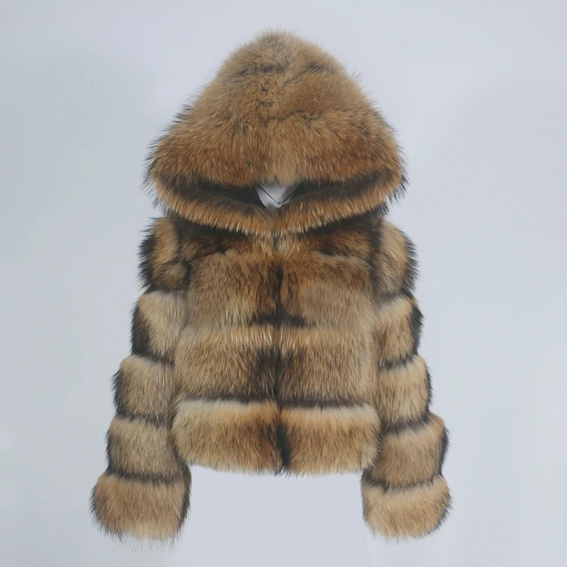 OFTBUY 2026 Women's Short Winter Jacket Thick Warm Natural Raccoon Fur Coat Hooded Removable Fluffy Real Fur Streetwear Style