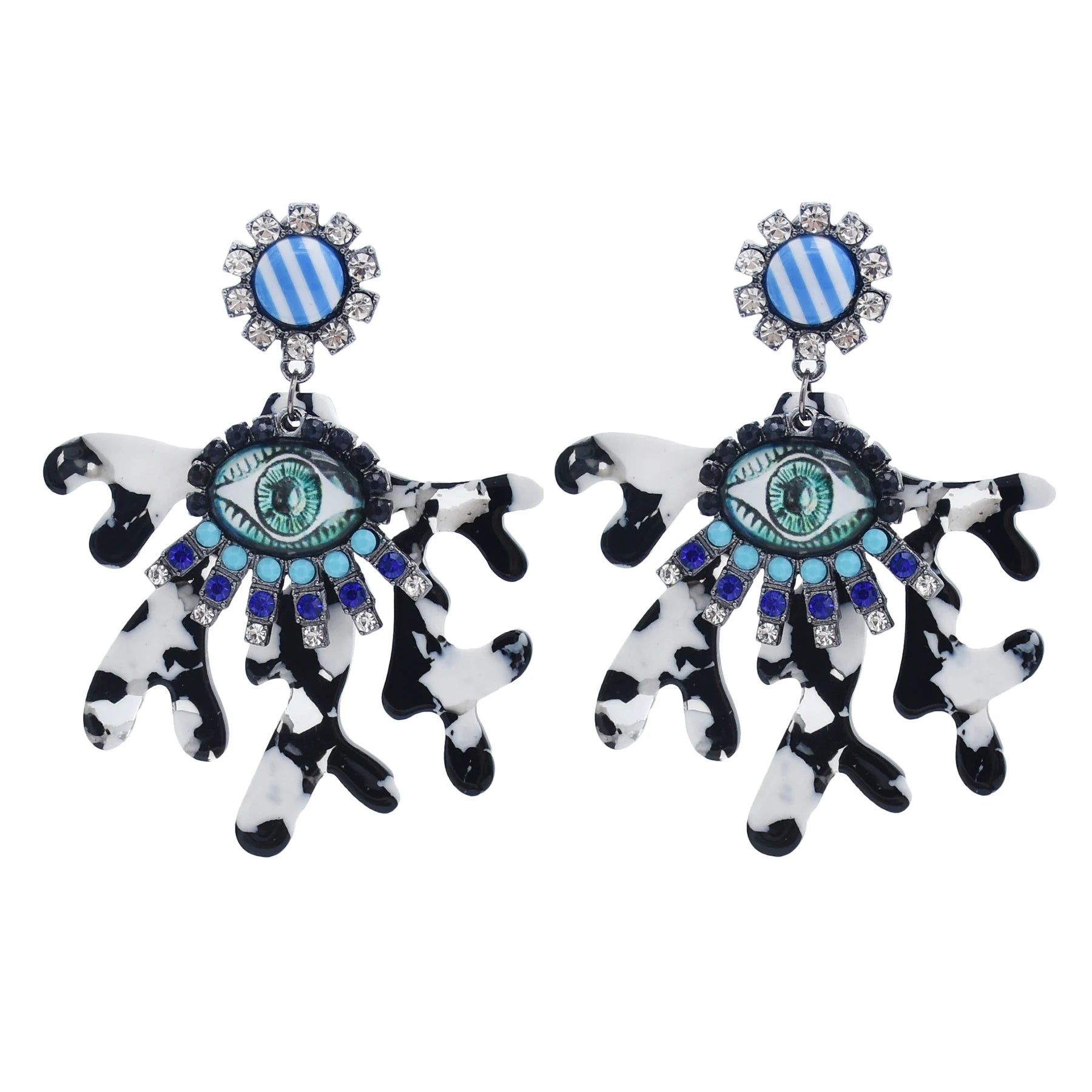 Fashion Vintage Crystal Rhinestone Pearl Blue Heart Seed Beaded Eye Drop Earrings for Women Jewelry