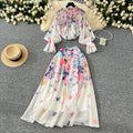 LW0577 2025 New Advanced Sense Lace up Lantern Sleeve Printed Chiffon Top Women'S High Waist Pendant Skirt Ladies Two Sets