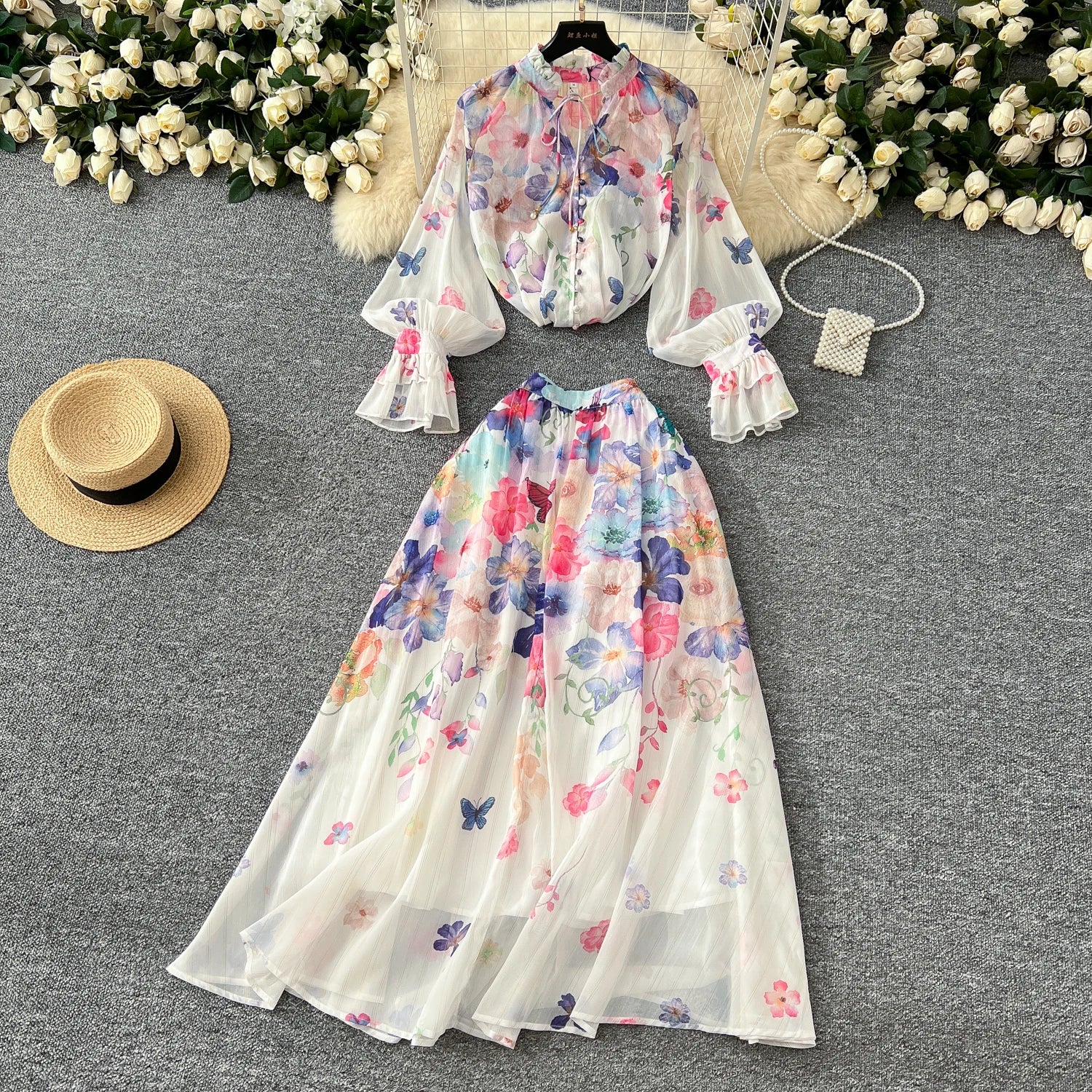 LW0577 2025 New Advanced Sense Lace up Lantern Sleeve Printed Chiffon Top Women'S High Waist Pendant Skirt Ladies Two Sets