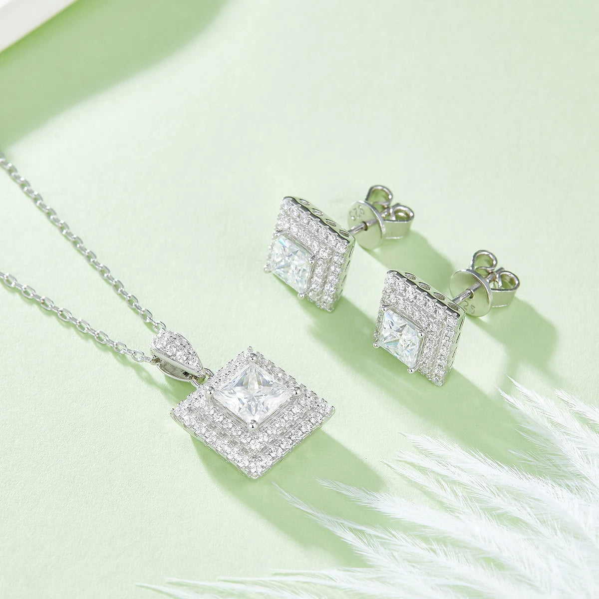 T93 Abiding Jewelry 1CT Square Cut Stone 925 Sterling Silver Double Halo Moissanite Diamond Jewellery Set for Women