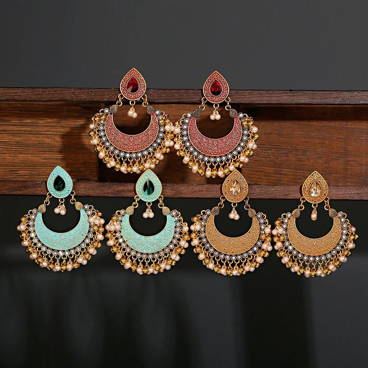 G552 Vintage Water Drop Alloy Earrings for Women Ethnic Pearl Tassel Dangle Earrings