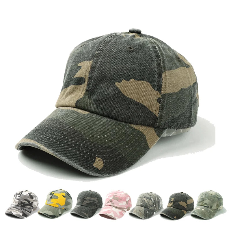 New Custom Logo Vintage Curved Brim Dad Hats Washed Cotton Distressed Denim Camouflage Print 6 Panel Casquette Baseball Caps