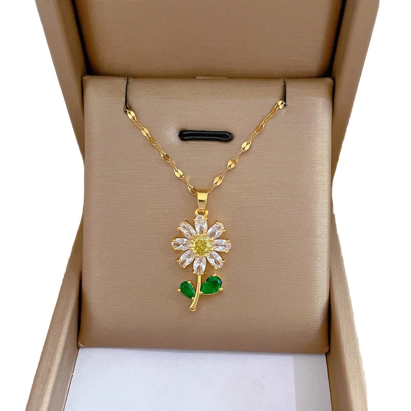 Vintage Elegant Gold Plated Link Chain Full Zircon Crystal Flower Pendant Necklace Stainless Steel Alloy Material (NK5359)