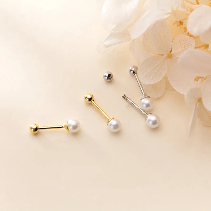 Genuine 925 Sterling Silver Chic Pearl Bead Small Stud Earrings Chic Gold Plated for Wedding Birthday Parties for Women