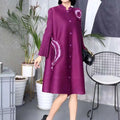 Big Size Fat Size Breathable Women Full Sleeve Party Dress Glamorous Female Loose Fit Pleated Handmade Flower  Pearl Dress