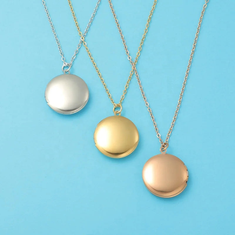 Tarnish Free Stainless Steel Round Blank Photo Box Memory Pendant Necklace for Women