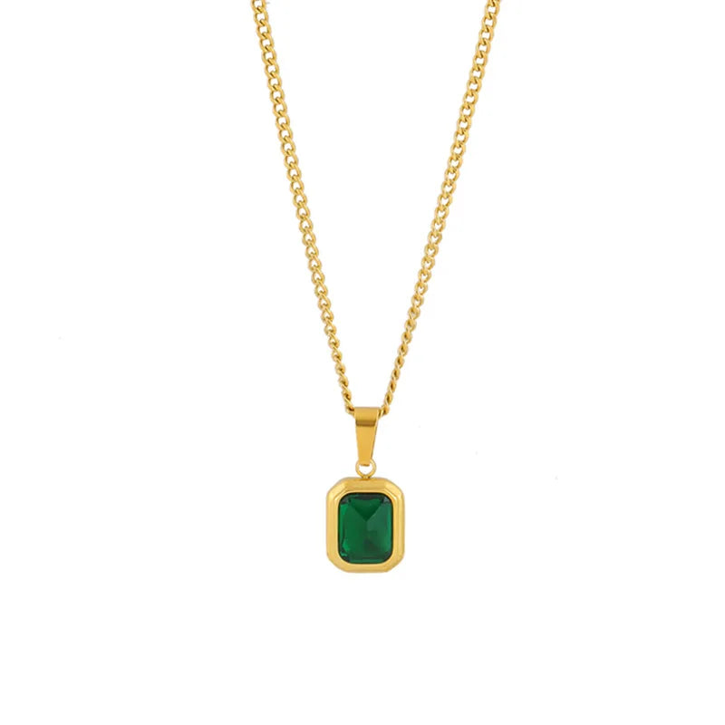 Vintage No Fade 18k Gold Plated Stainless Steel Chain Necklace Rectangle Emerald Zircon Pendant Necklace Jewelry