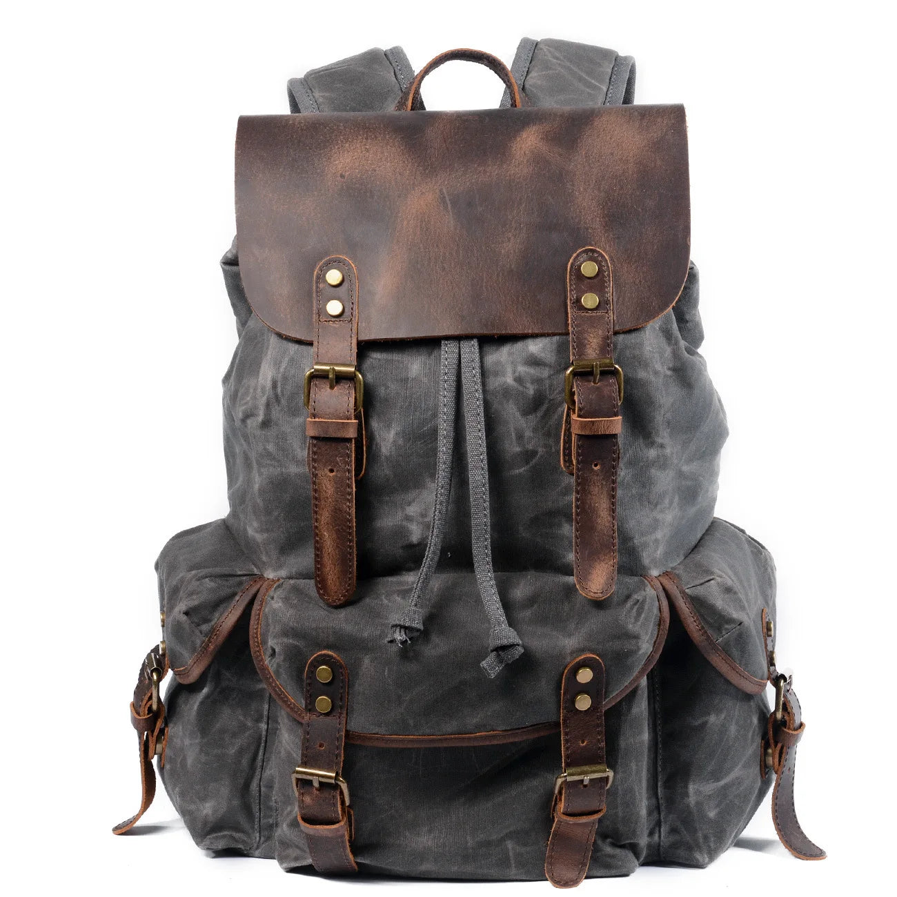 Retro Oil Wax Canvas Leather Backpacks for Men Laptop Daypacks Drawstring Rucksack Travel Bag Mochila Canvas Backpack