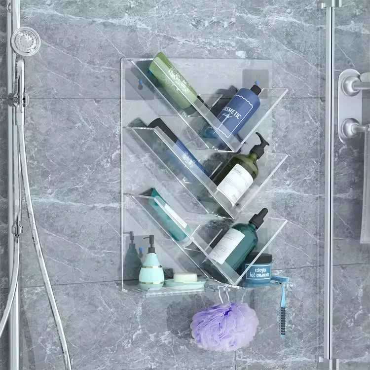 Acrylic Multi-functional Cosmetic Display Stand Shampoo Holder Organizer Shelf Three-Layer Modern Wall Mounted No Drilling