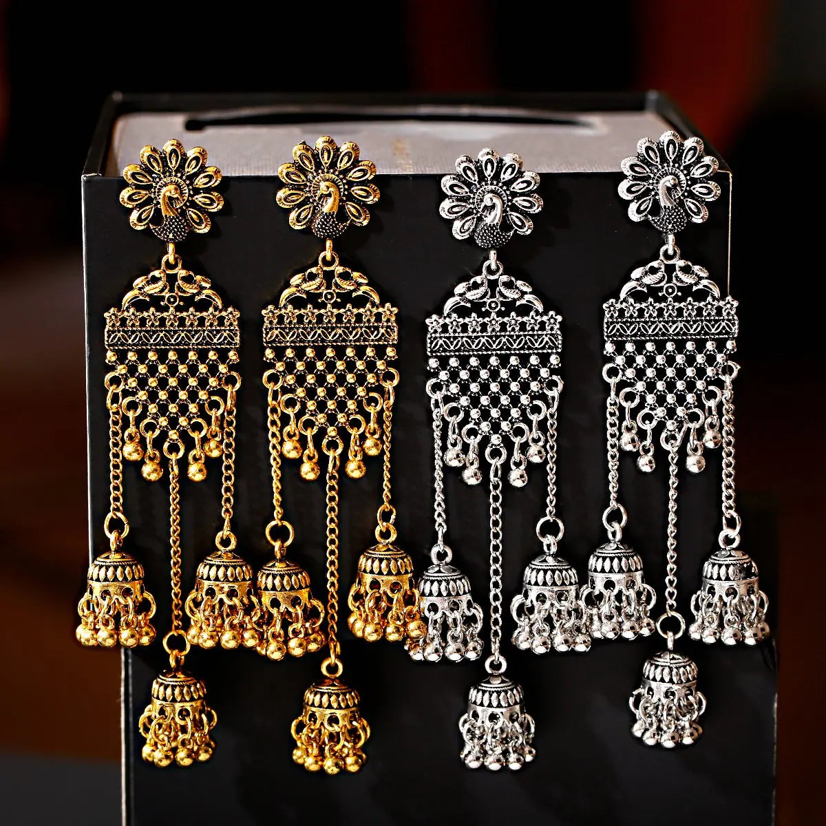 Antique Ethnic Indian Jhumka Women Retro Bell Long Tassel Earrings Peacock Carved Hollow Dangle Earrings Gypsy Jewelry