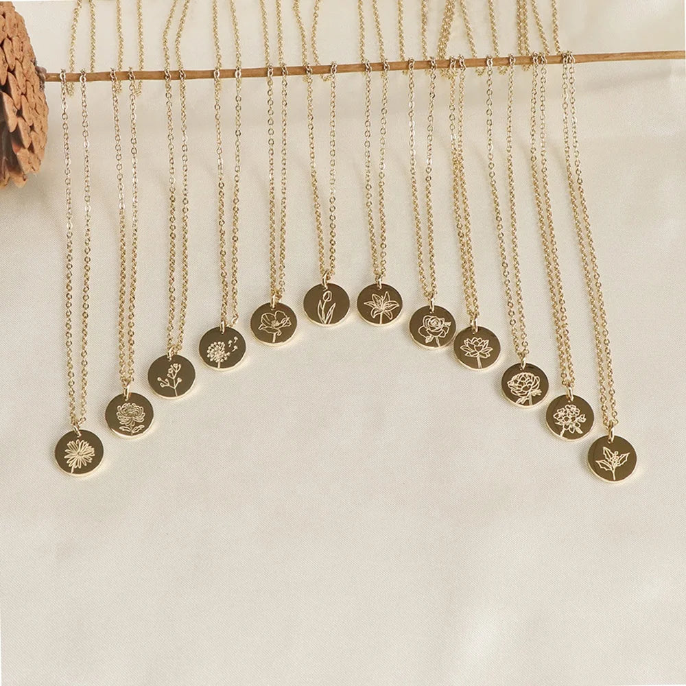 Minimalist Gold Plated Birth Flower Pendant Necklace for Women Stainless Steel Engraved Jewelry with Link Chain