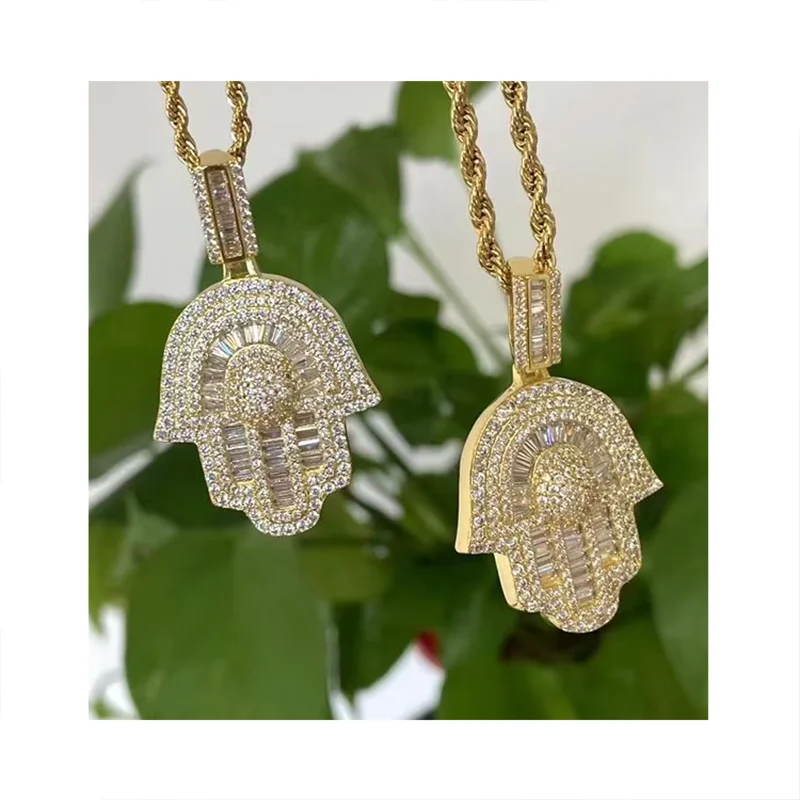 18K Gold Plated Jewelry Bling Bling Zirconia Diamond Hiphop Hamsa Hand Initial Layering Necklace Bulk