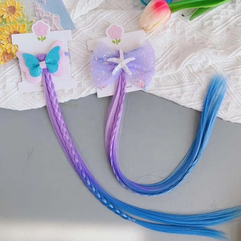 Cute Purple Elastic Hair Band for Girls European Style Kids Bow Ponytail Holder Sweet Hair Extension Wig Braid for Children