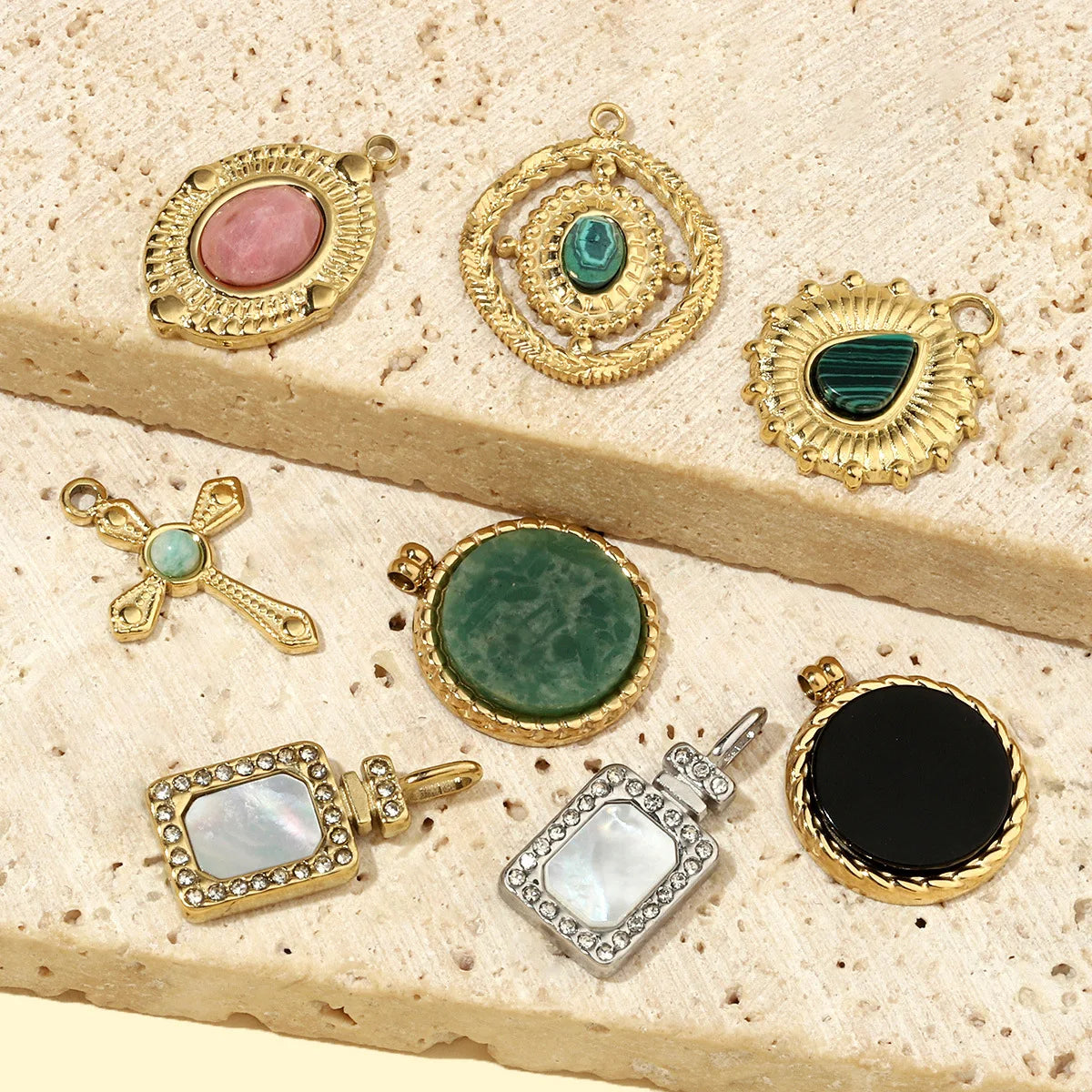 Beimai OEM Charms For Jewelry Making French Cross Natural Stone Gold Plated Stainless Steel DIY Pendant Jewelry Accessories