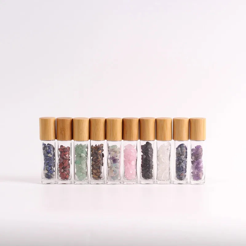 Custom Logo 5ml 10ml Healing Bamboo Lid Gemstone Crystal Glass Essential Oil Roller Bottle for Gift