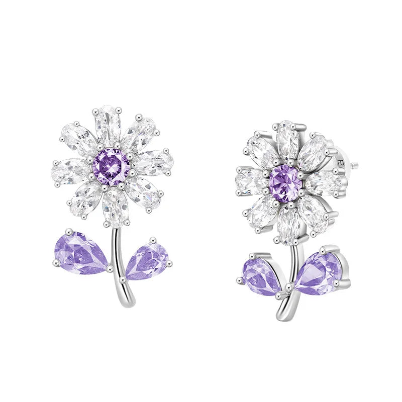 Super Flash Copper Alloy High Carbon Zircon Small Daisy Stud Earrings Claw Setting Trendy Huggie Platinum Plated Anniversary