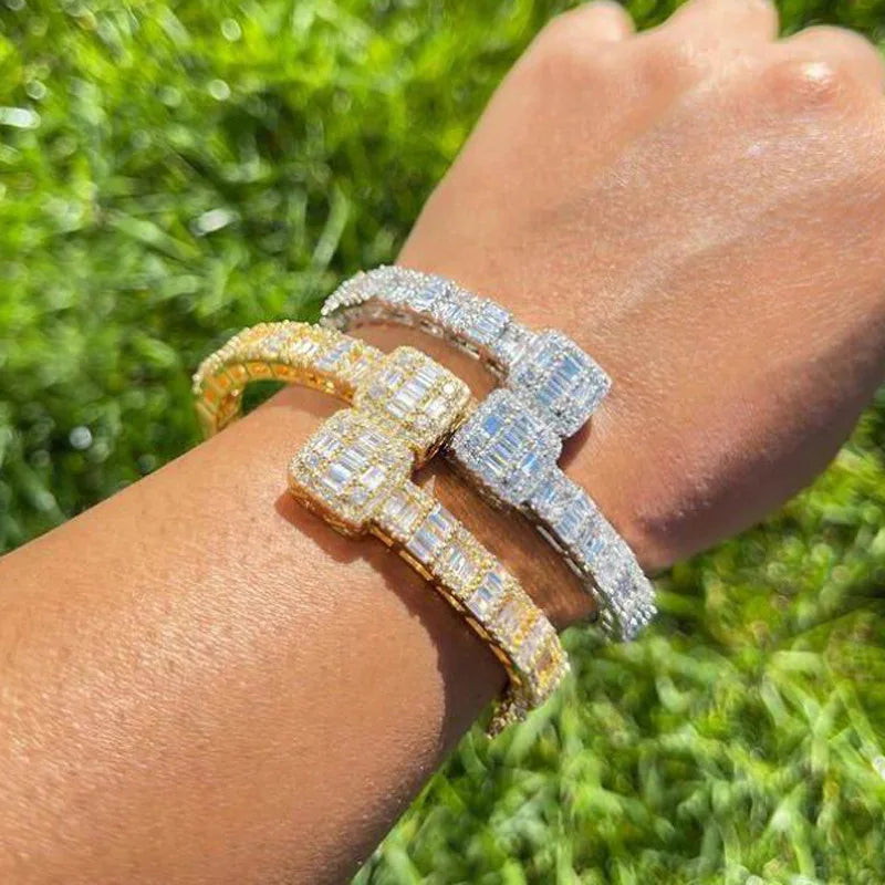 Fashion Bling Bling Gold Plated Baguette Bangles Cubic Zircon Iced Out Full Crystal Bracelet Women Gift