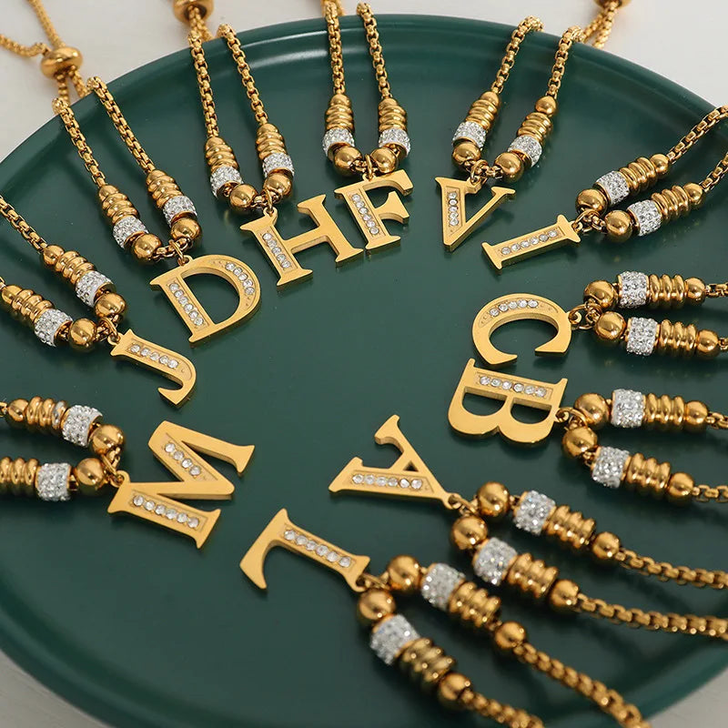 Classic Chunky Tube Solid Bead Pull Bracelets 18K Gold Plated Stainless Steel Box Chain Diamond 26 English Letter Bracelets