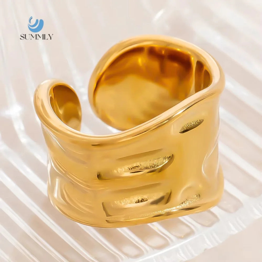 SUMMLY Vintage Wholesale Simple Pleated Textured 18K Gold Plated Stainless Steel Open Ring Fashion Jewelry